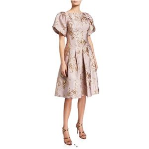 Rickie Freeman for Teri Jon METALLIC FLOWER JACQUARD PUFF SLEEVE DRESS